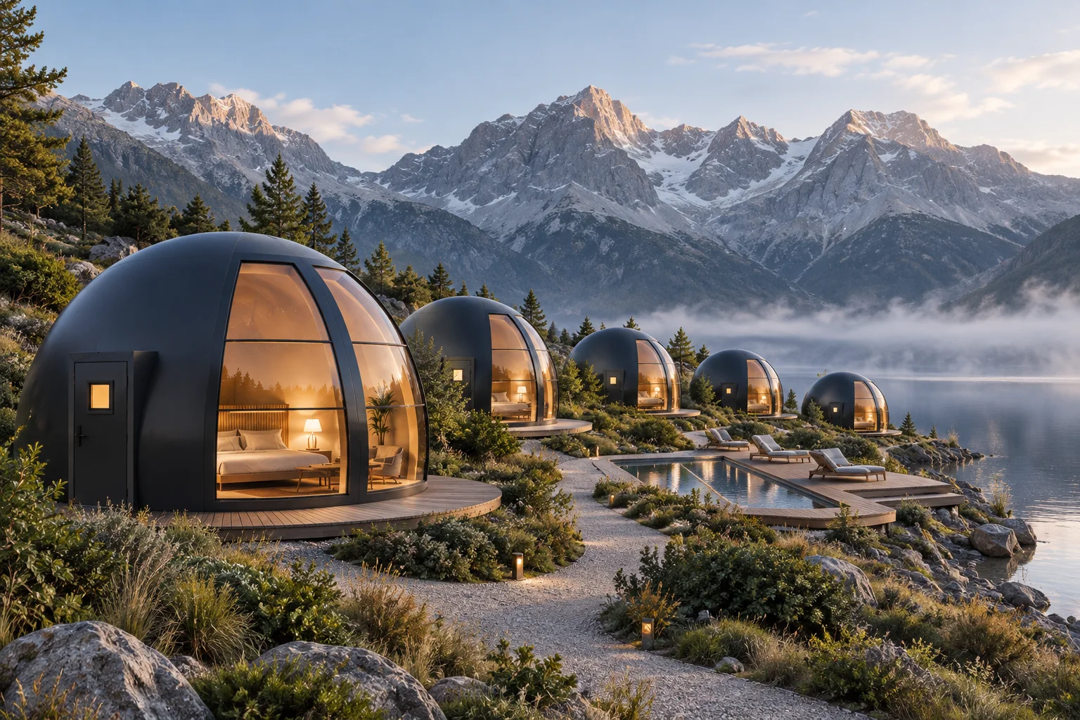 Charcoal MarsDome domes sit beside an alpine lake, with warm light glowing through the windows.