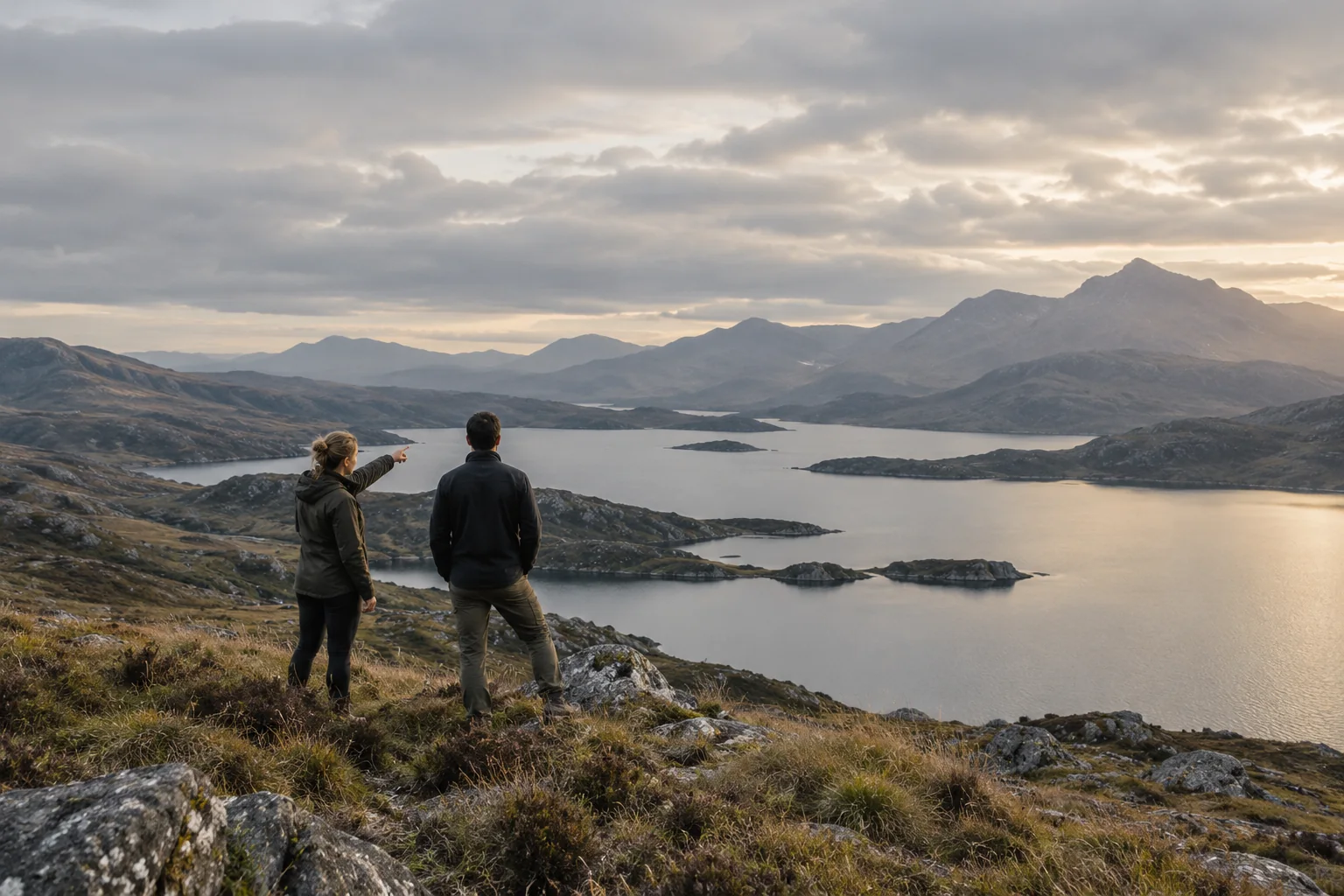 Two people stand on a rocky overlook, looking across a mountain lake beneath a clouded evening sky.
