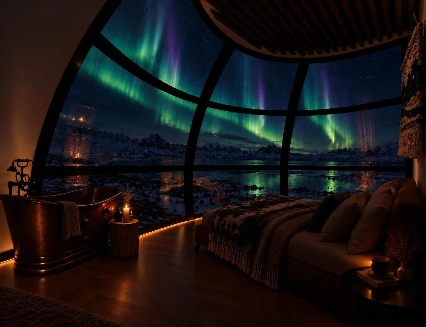 Aurora seen from inside a MarsDome through the curved, multi-panel Horizon windows.