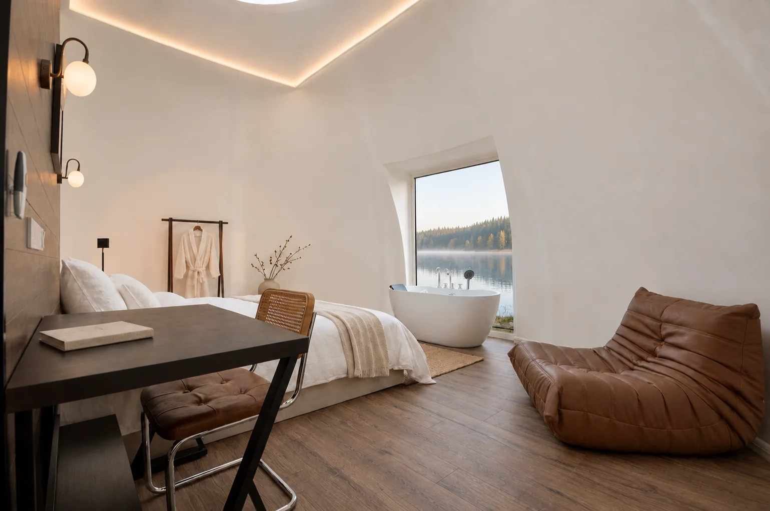 Interior styling study of a MarsDome room with a leather lounge chair, white bedding and a freestanding bath overlooking a woodland lake.