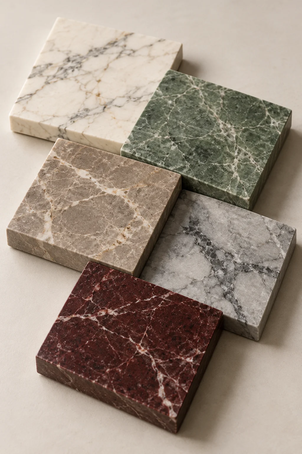 A material study of five marble selection samples with varied natural colours, veining and visible stone edges.