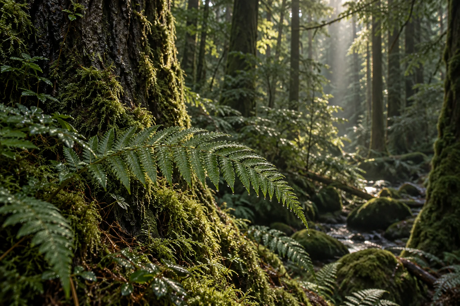 Fern fronds and understory plants along a shaded forest trail.