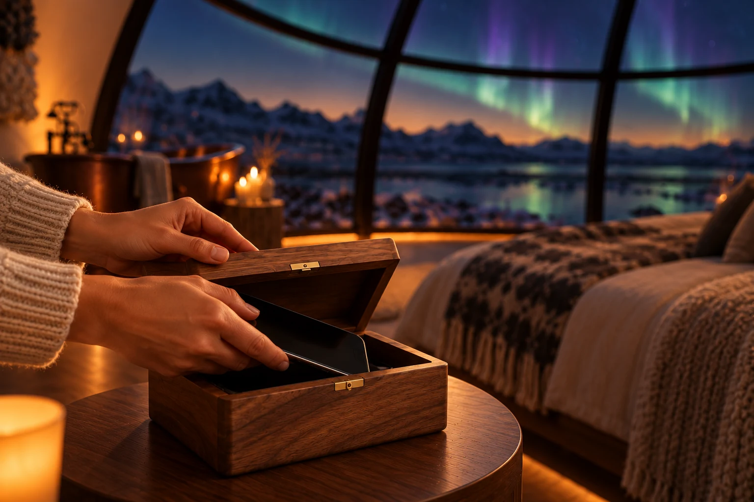A hand lowers a smartphone into a walnut lock box inside a MarsDome, with curved Horizon glass softly out of focus behind it.