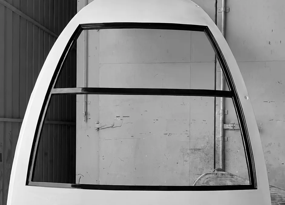 Black-and-white detail of a curved MarsDome panel and its window opening.