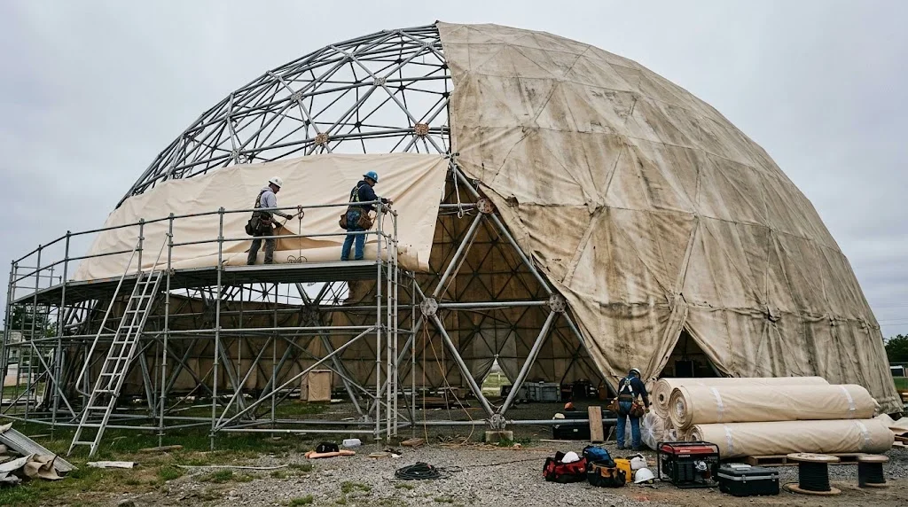 Workers replacing worn canvas fabric on a geodesic dome frame