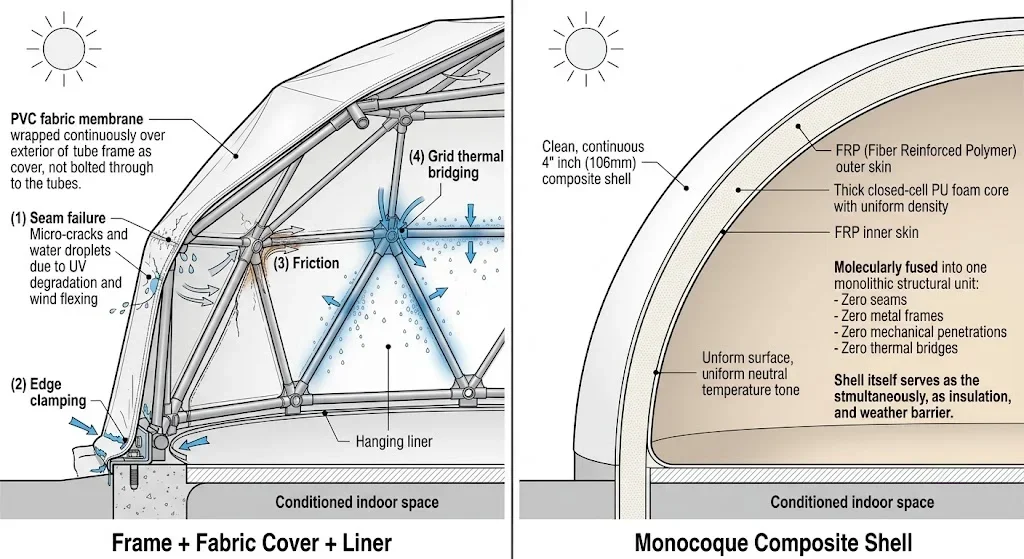 Fabric dome with dozens of welded seams and clamped edges versus composite shell with zero seams — comparison diagram