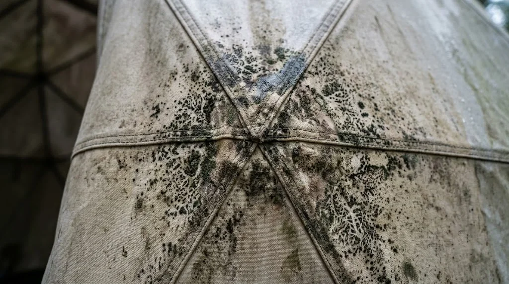 Mold concentrated along seam folds and panel edges of a fabric dome — the same spots where moisture lingers after every rain