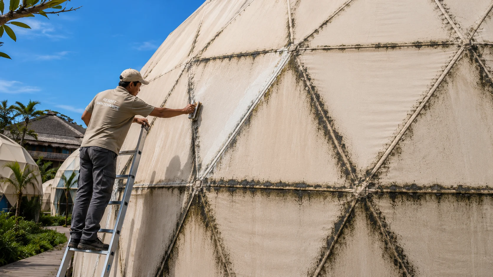 Maintenance worker on a ladder, body leaning forward, scrubbing mold from a fabric dome seam with a brush — physical effort, scheduled, recurring
