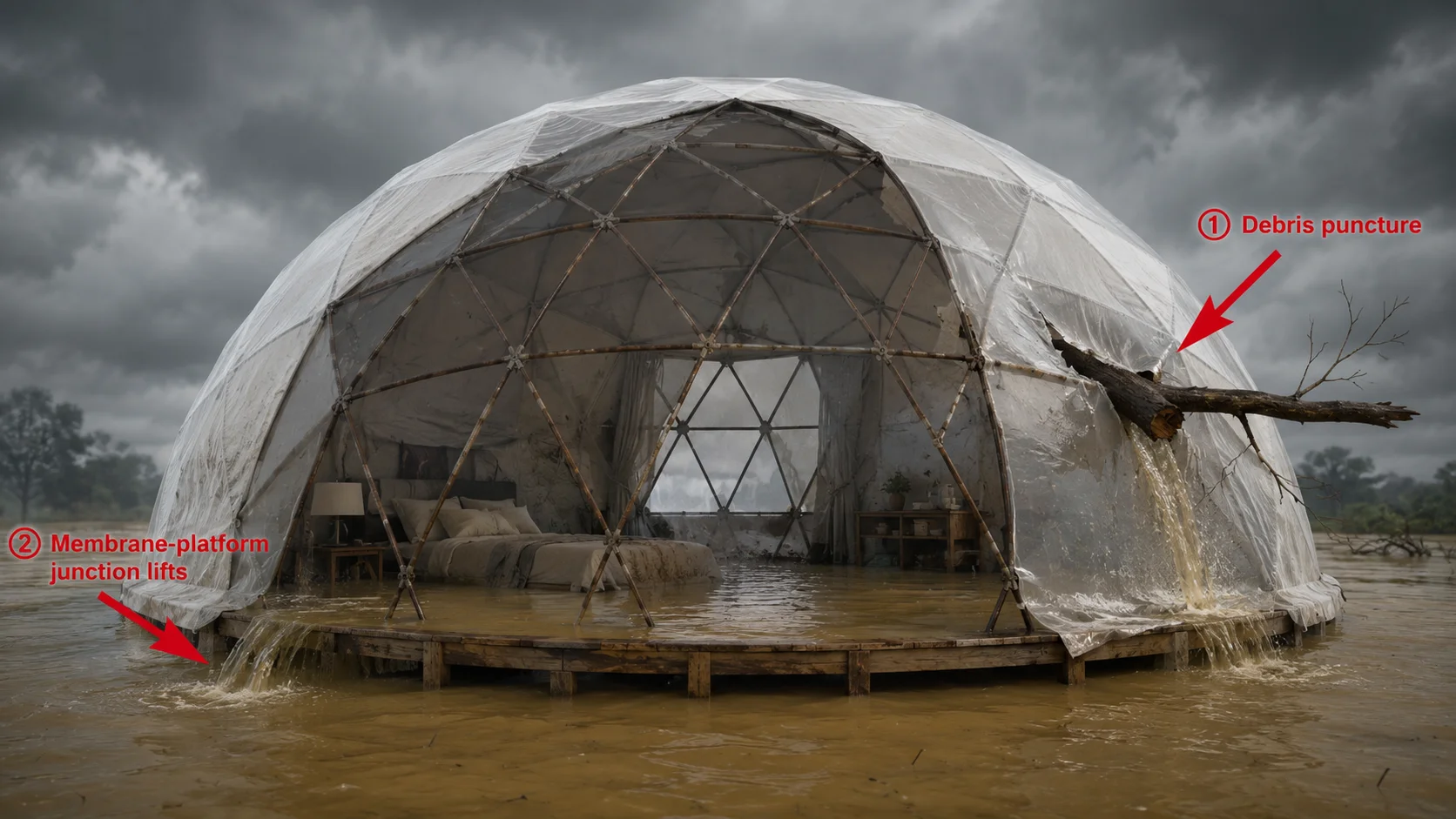 ① Debris puncture tears through PVC membrane. ② Rising water lifts the unsealed membrane-to-platform overlap — a junction designed for rain dripping down, not water rising up.