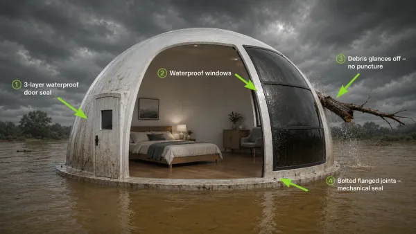 MarsDome exterior in a rain-soaked landscape.
