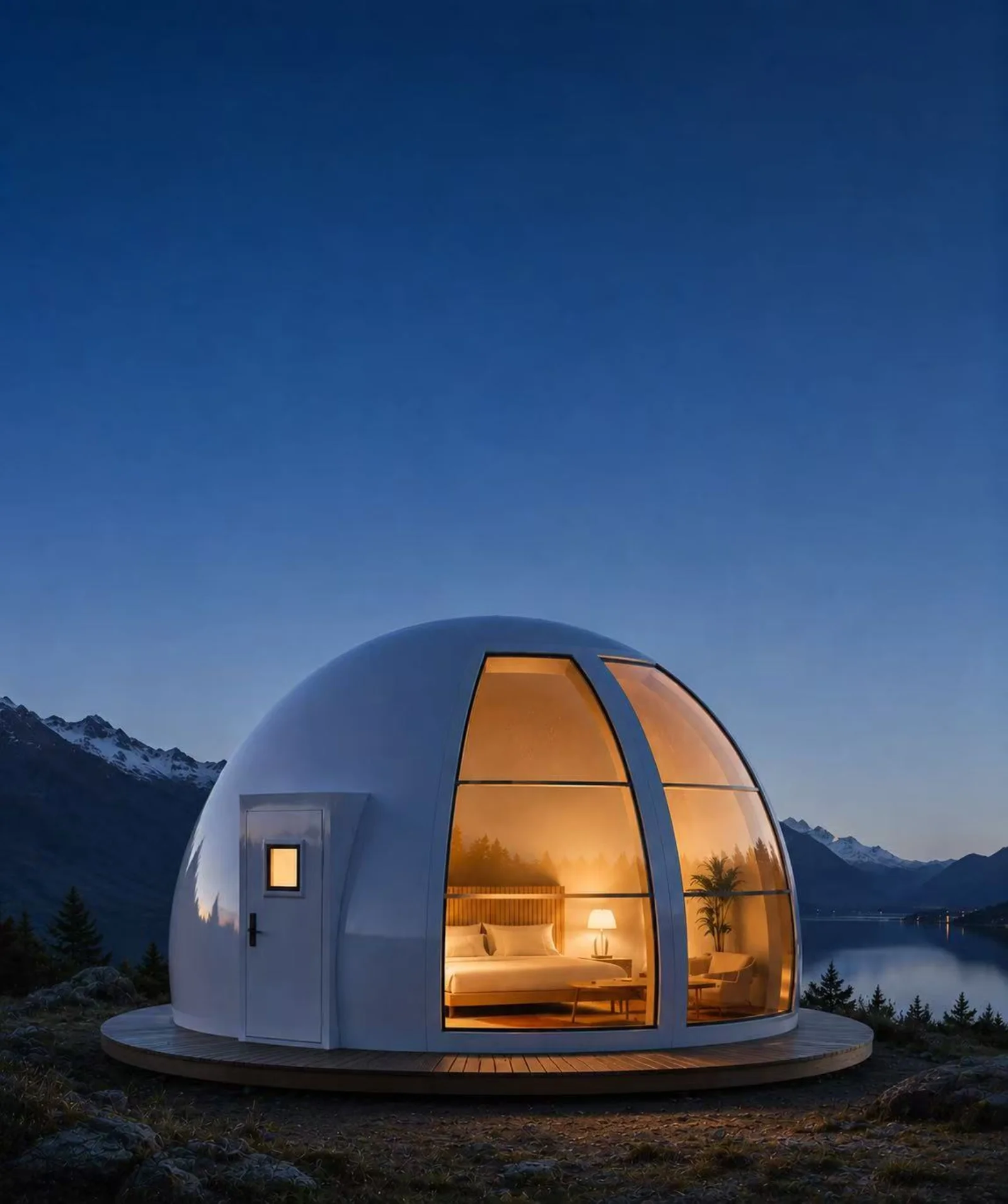 Curved Horizon glazing on a MarsDome at blue hour.