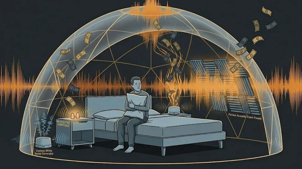 Editorial illustration: earplugs, white noise machine, and acoustic panels inside a fabric dome — money spent, sound still penetrates