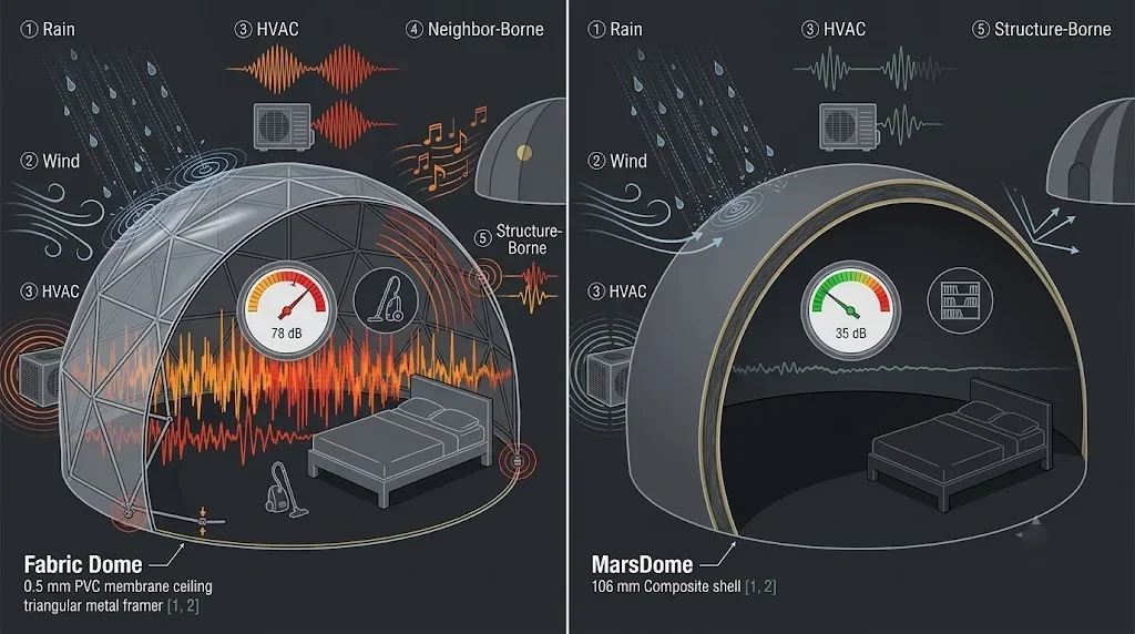 Side-by-side dB comparison: fabric dome interior at 78 dB (vacuum cleaner) vs MarsDome interior at 35 dB (library) under identical five noise sources
