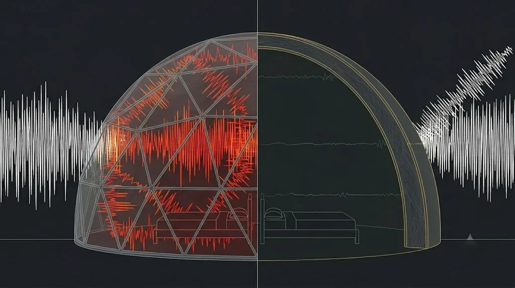 Fabric dome vs MarsDome composite dome — sound wave comparison showing 78 dB interior chaos versus 35 dB library silence