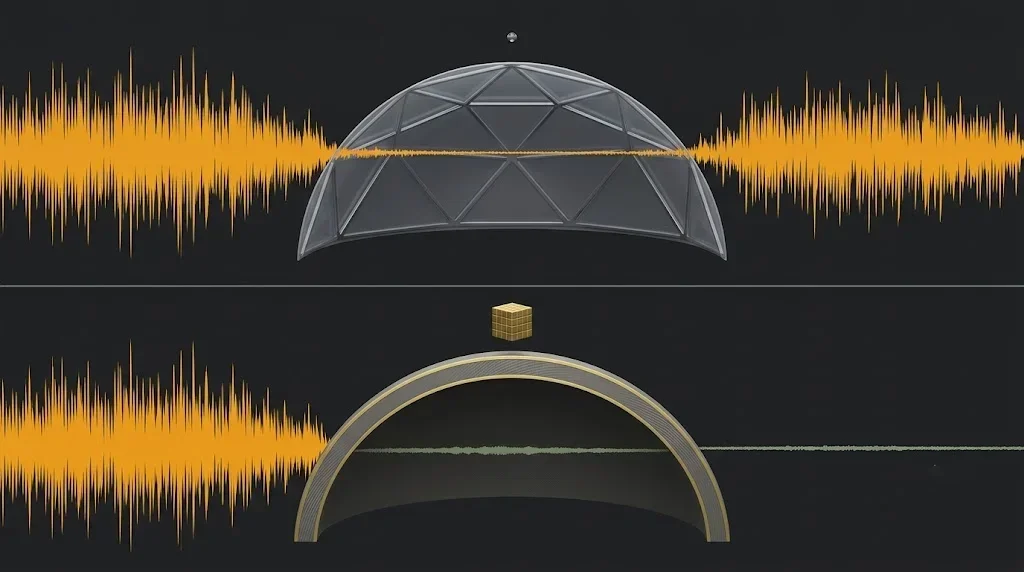 Cross-section comparison: 0.5mm PVC membrane hairline vs 106mm composite shell — sound transmission physics diagram