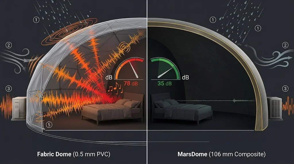 Exploded axonometric: fabric dome three noise failures (membrane flutter, frame creaks, HVAC treadmill) vs MarsDome composite shell elimination