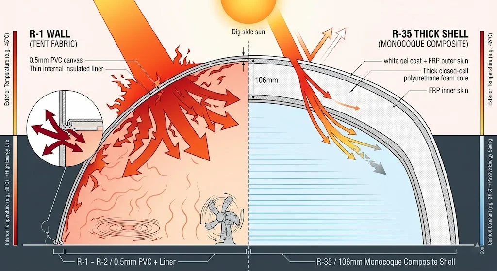 Building-science cross-section comparing heat transfer: R-1 thin fabric wall with large thermal arrows blasting through vs R-28 106mm composite shell with arrows shrinking to nothing before reaching interior