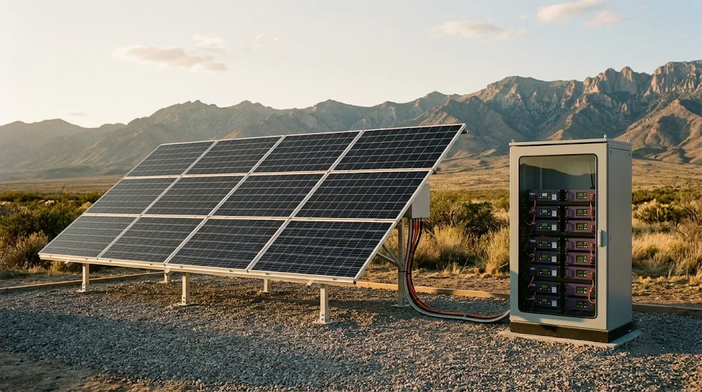 Off-grid solar panel array and battery storage cabinet — every panel sized by the R-value of the structure it serves