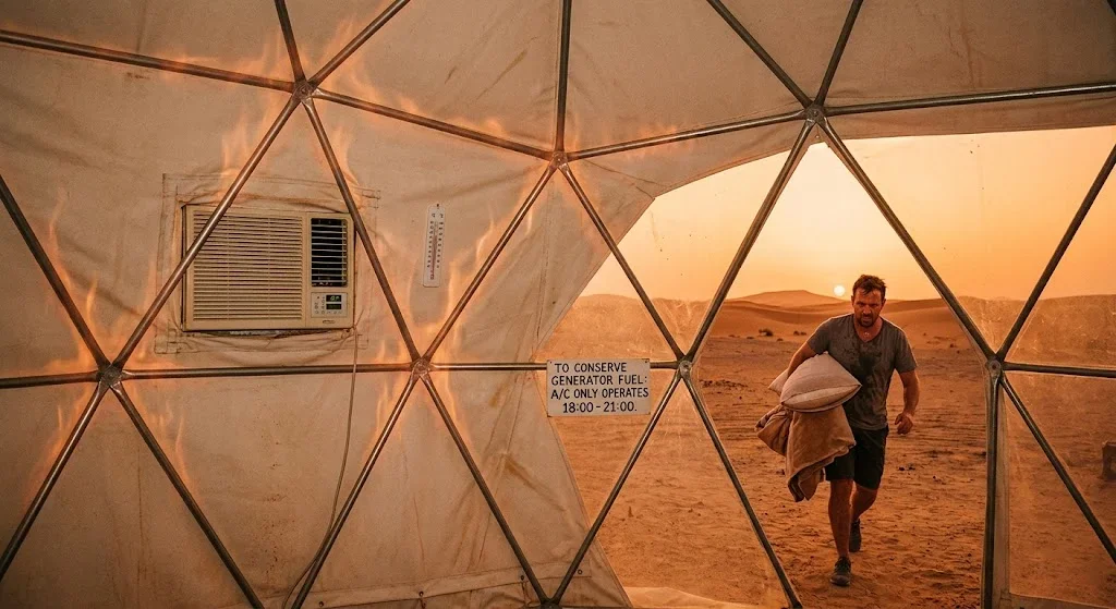 Desert camp interior, AC unit running at full output, thermostat stuck at 29 degrees