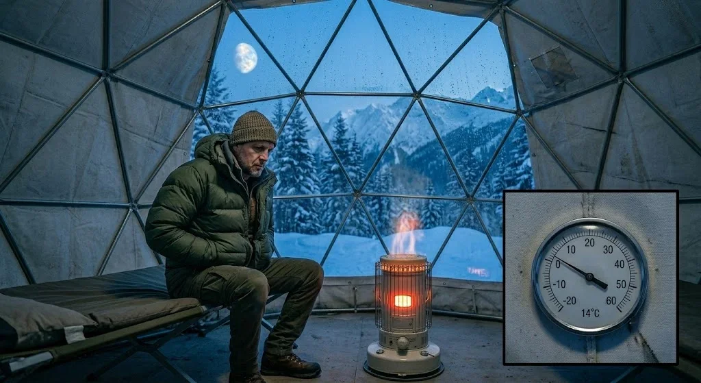 Guest in a cold tent wearing a jacket, heater running, thermostat showing 14 degrees after three hours