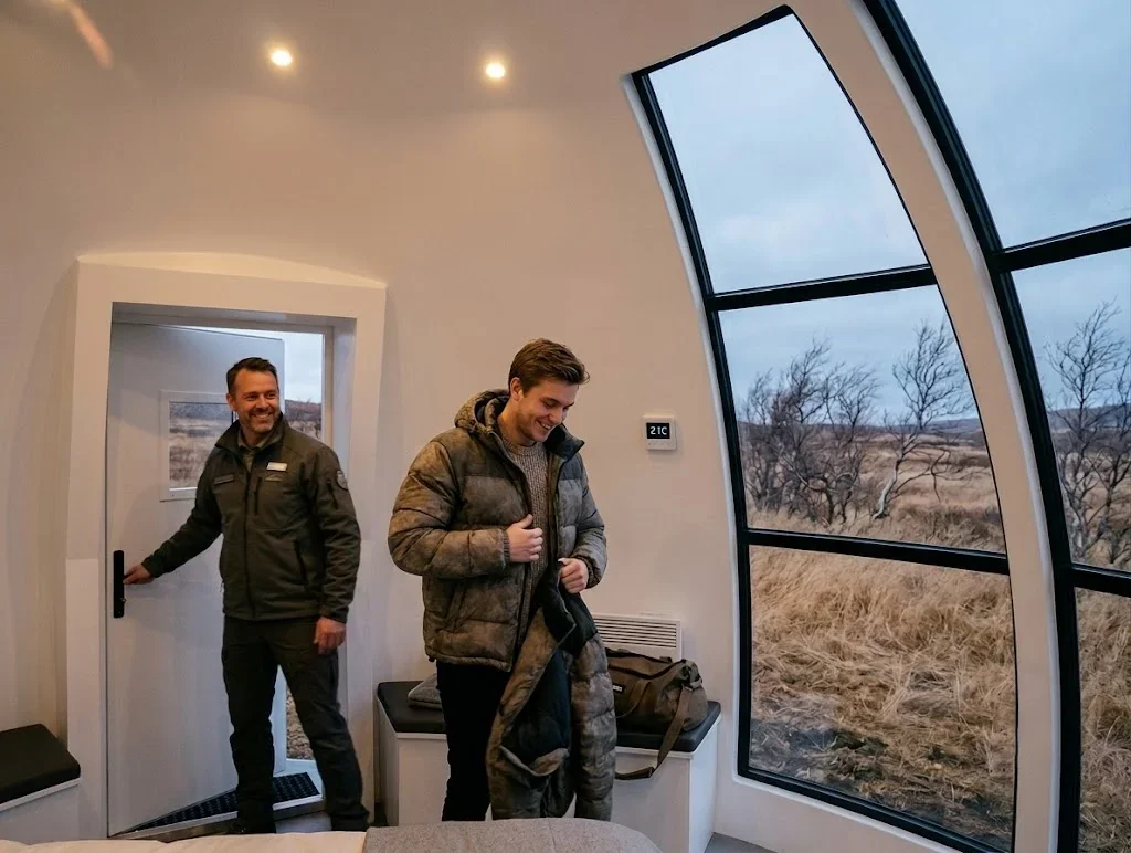 MarsDome interior, guest removing jacket, thermostat at 21 degrees, room comfortably warm within minutes